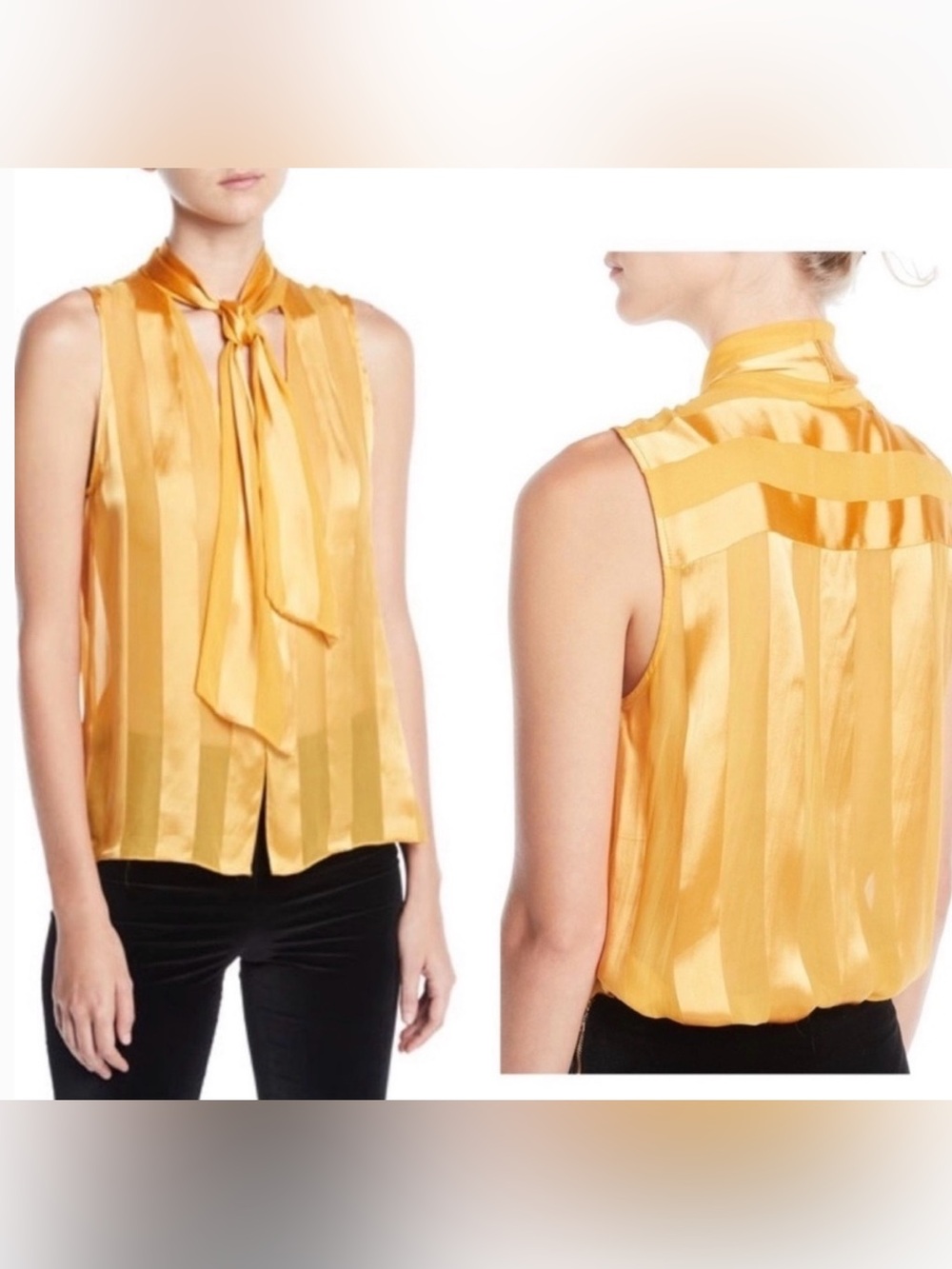Alice + Olivia Gwenda Sleeveless Satin Tie-Neck Blouse in Yellow Gold (M)